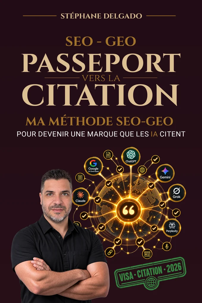 Couverture du livre Passeport vers la Citation de Stéphane Delgado : fond bordeaux, titre doré, réseau de citations relié aux logos des principales intelligences artificielles.