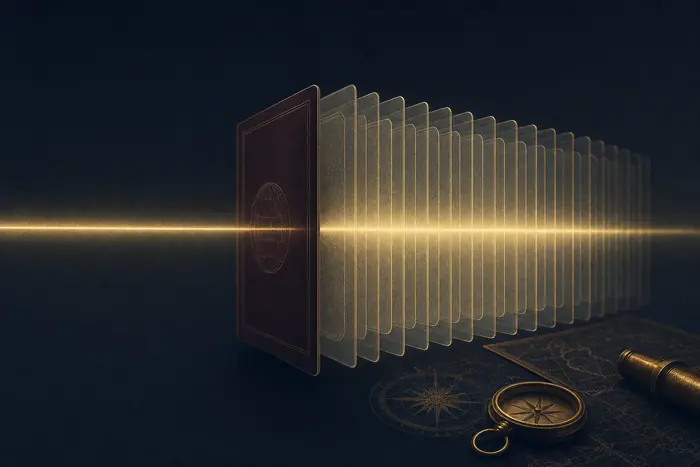Plusieurs pages de passeport superposées et parfaitement alignées, traversées par un même trait de lumière dorée.