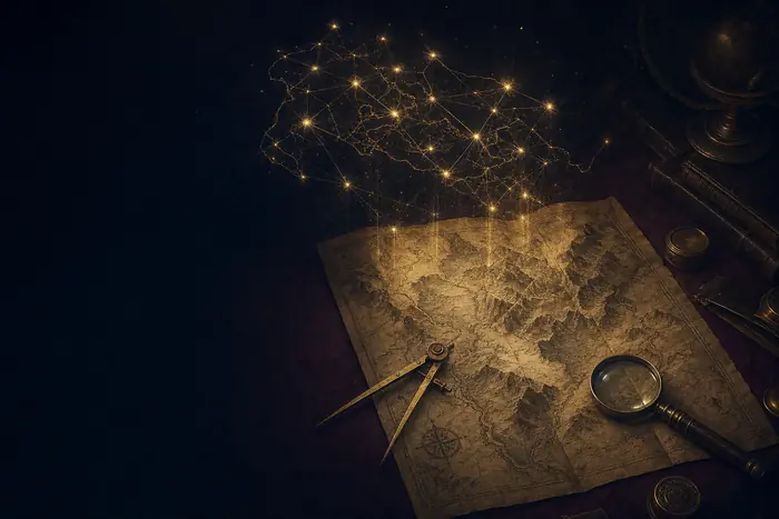 Une table de cartographe éclairée par une lampe, où des points dorés reliés par des fils forment le tracé d’un territoire.