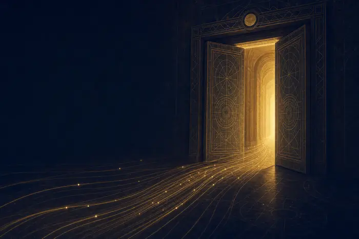 Un portail de pierre gravé s’ouvrant sur un couloir de lumière dorée, laissant passer des filaments lumineux.