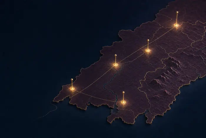 Une carte en relief d’un territoire régional, piquée de repères dorés lumineux reliés entre eux.